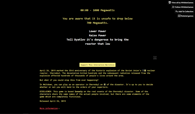 Figure 4: Image from Meltdown, a Twine game about the Chernobyl nuclear meltdown by David Winstein-Hibbs.